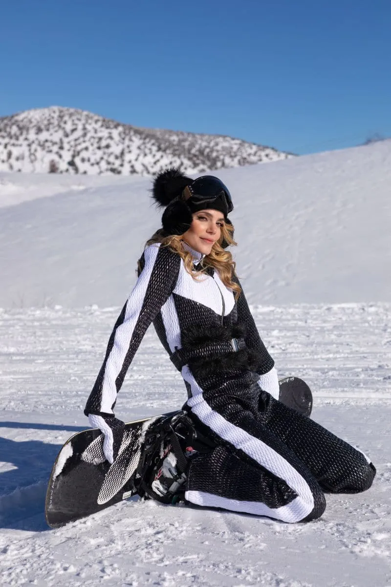 BLACK AND WHITE ONE-PIECE SKI SUIT