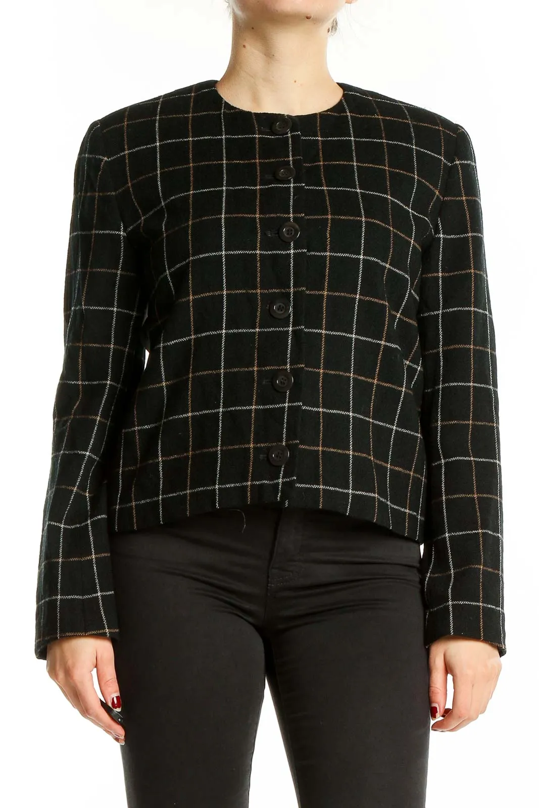 Black Plaid Wool Blend Cropped Jacket