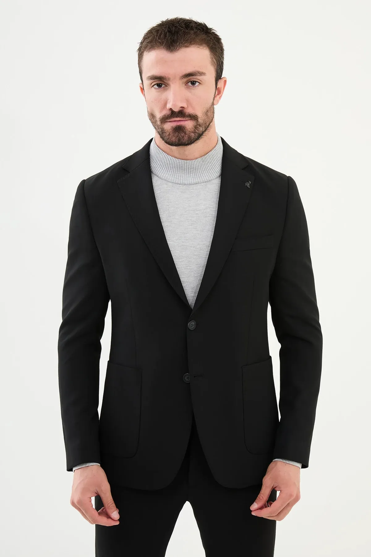 Bojoni Capena Straight Slim Fit Mono Collar Black Wool Blzaer