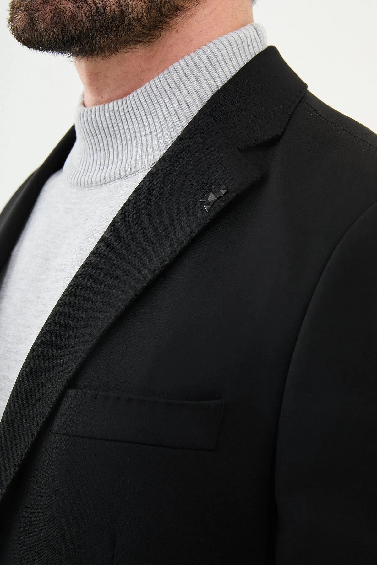 Bojoni Capena Straight Slim Fit Mono Collar Black Wool Blzaer