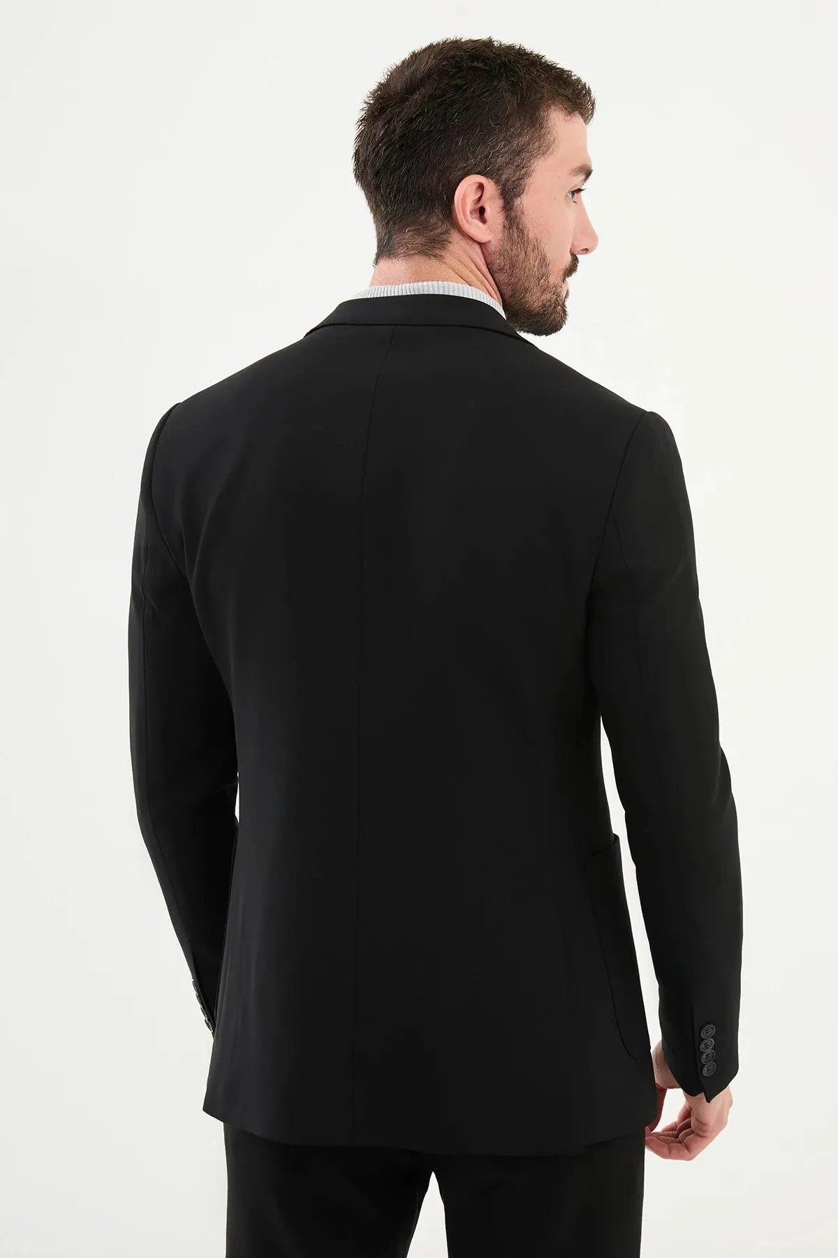 Bojoni Capena Straight Slim Fit Mono Collar Black Wool Blzaer