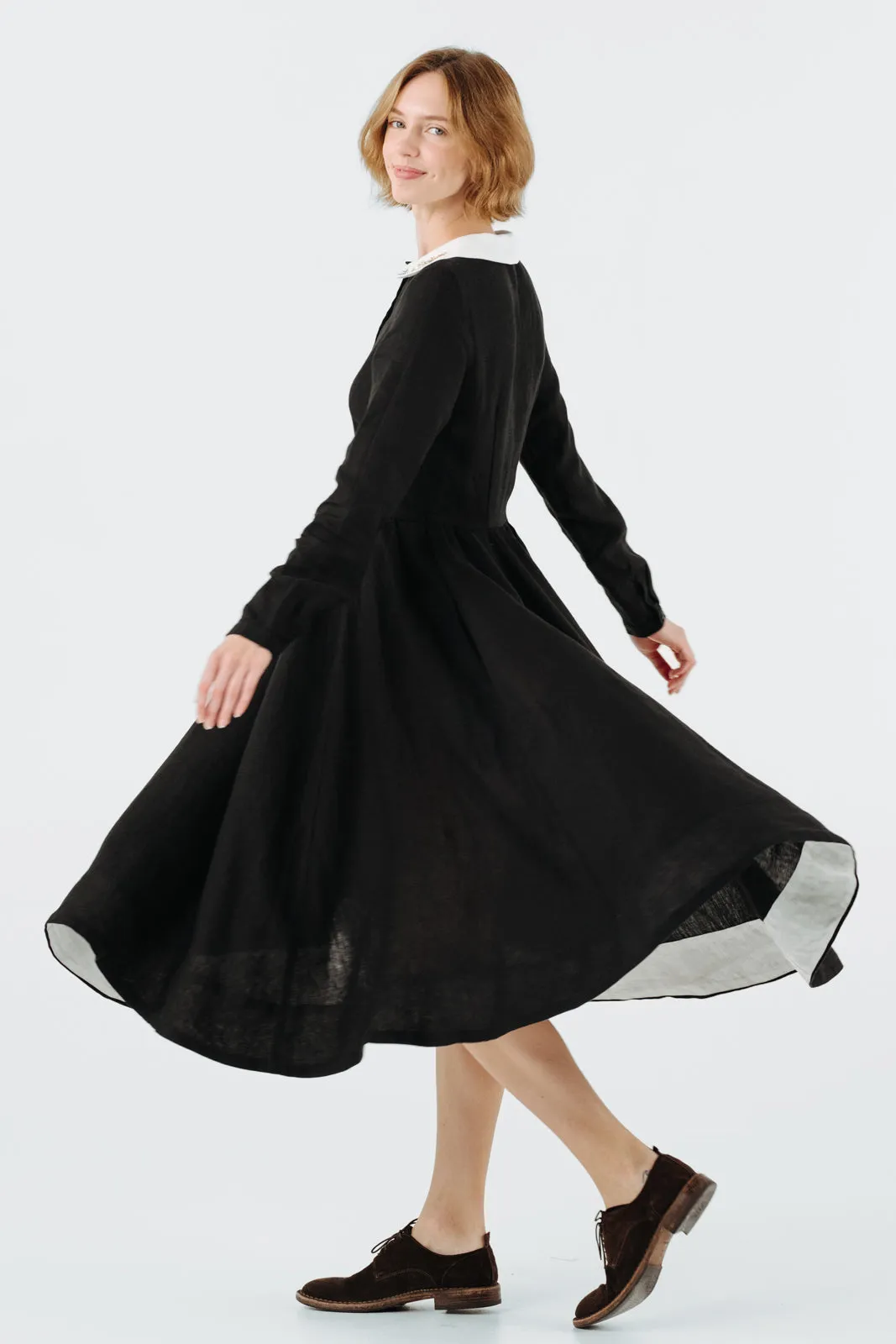 Classic Dress with Embroidered Golden Fields Collar, Long Sleeve