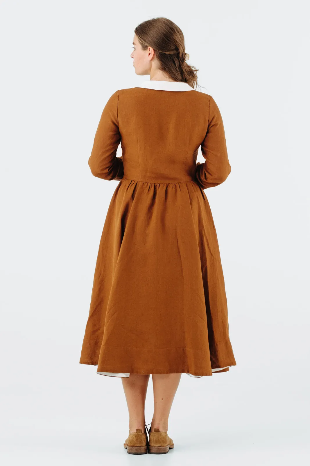 Classic Dress with Embroidered Golden Fields Collar, Long Sleeve