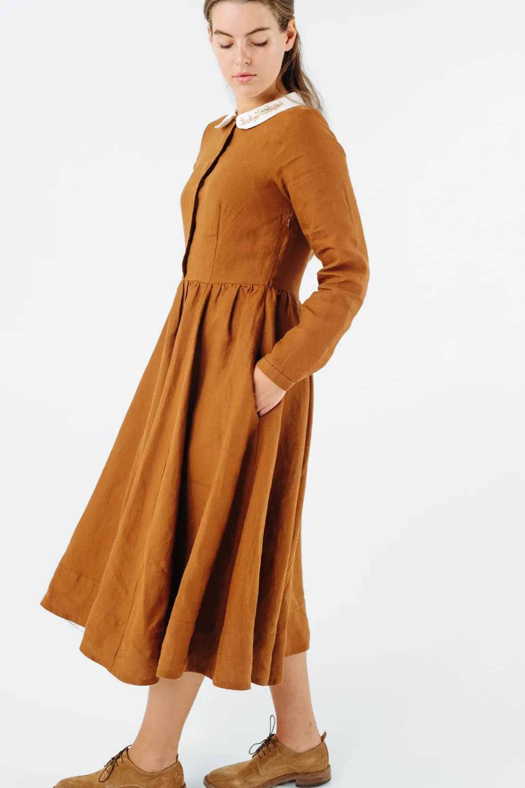 Classic Dress with Embroidered Golden Fields Collar, Long Sleeve