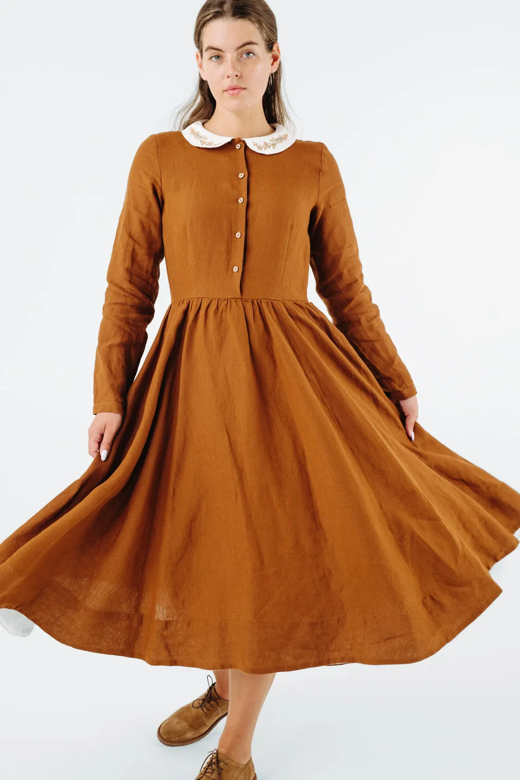 Classic Dress with Embroidered Golden Fields Collar, Long Sleeve