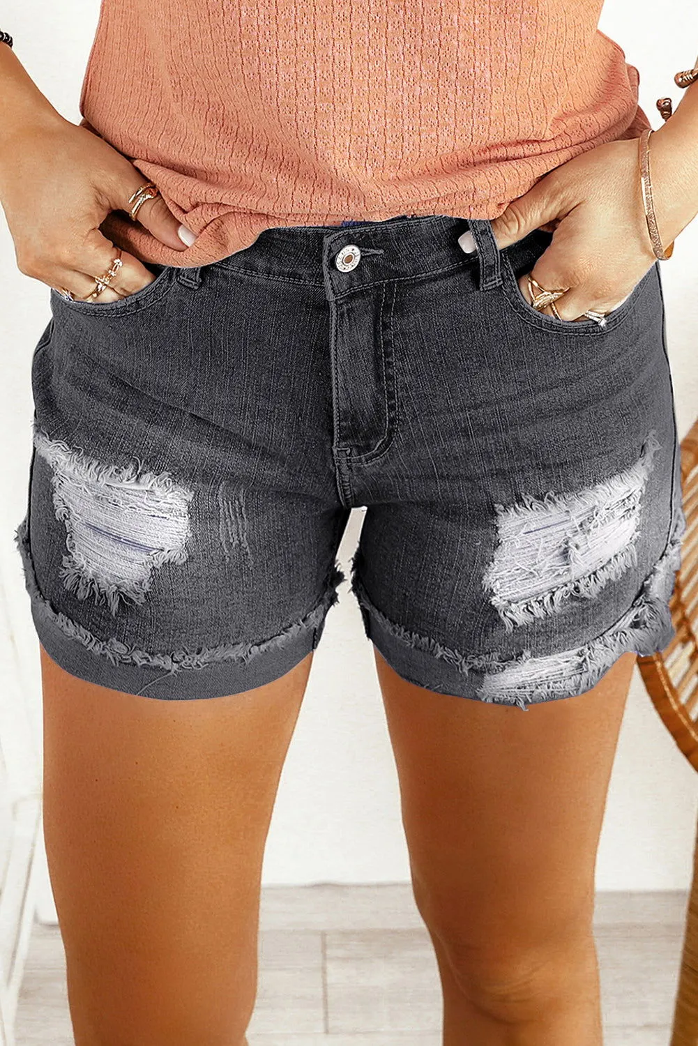 Dark Blue Casual Ripped Rolled Hem Denim Shorts