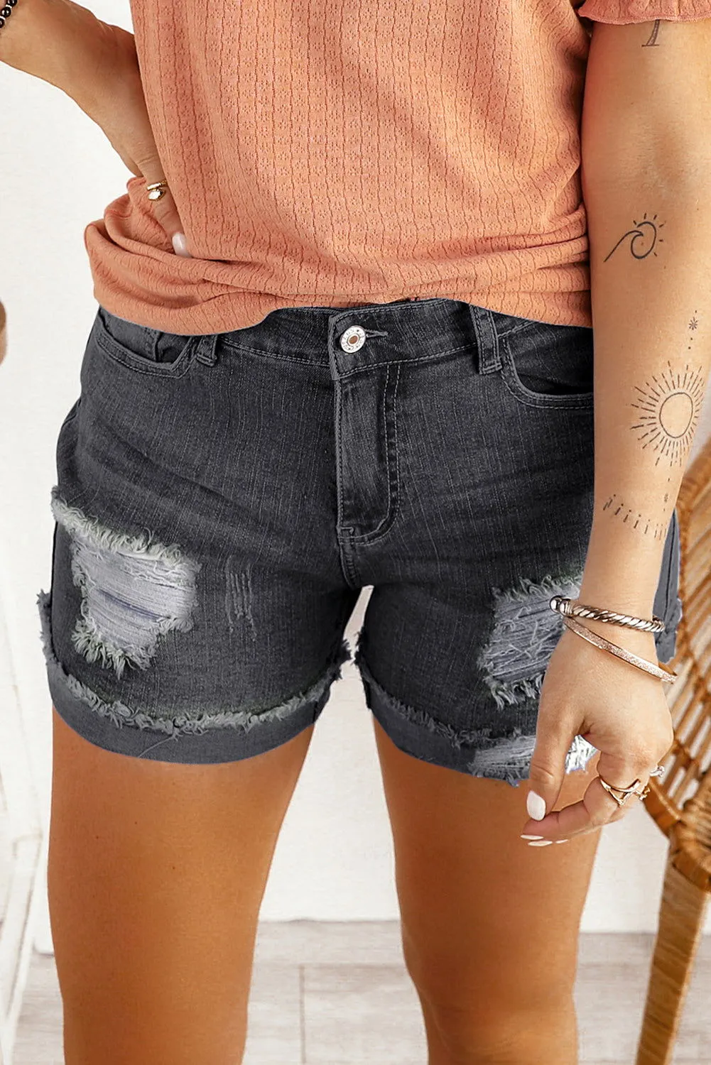 Dark Blue Casual Ripped Rolled Hem Denim Shorts