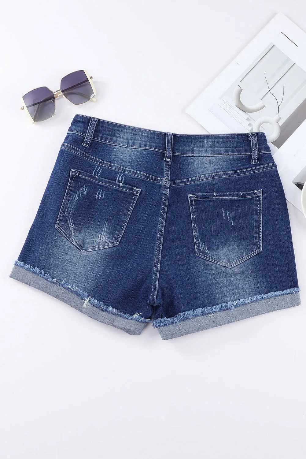 Dark Blue Casual Ripped Rolled Hem Denim Shorts