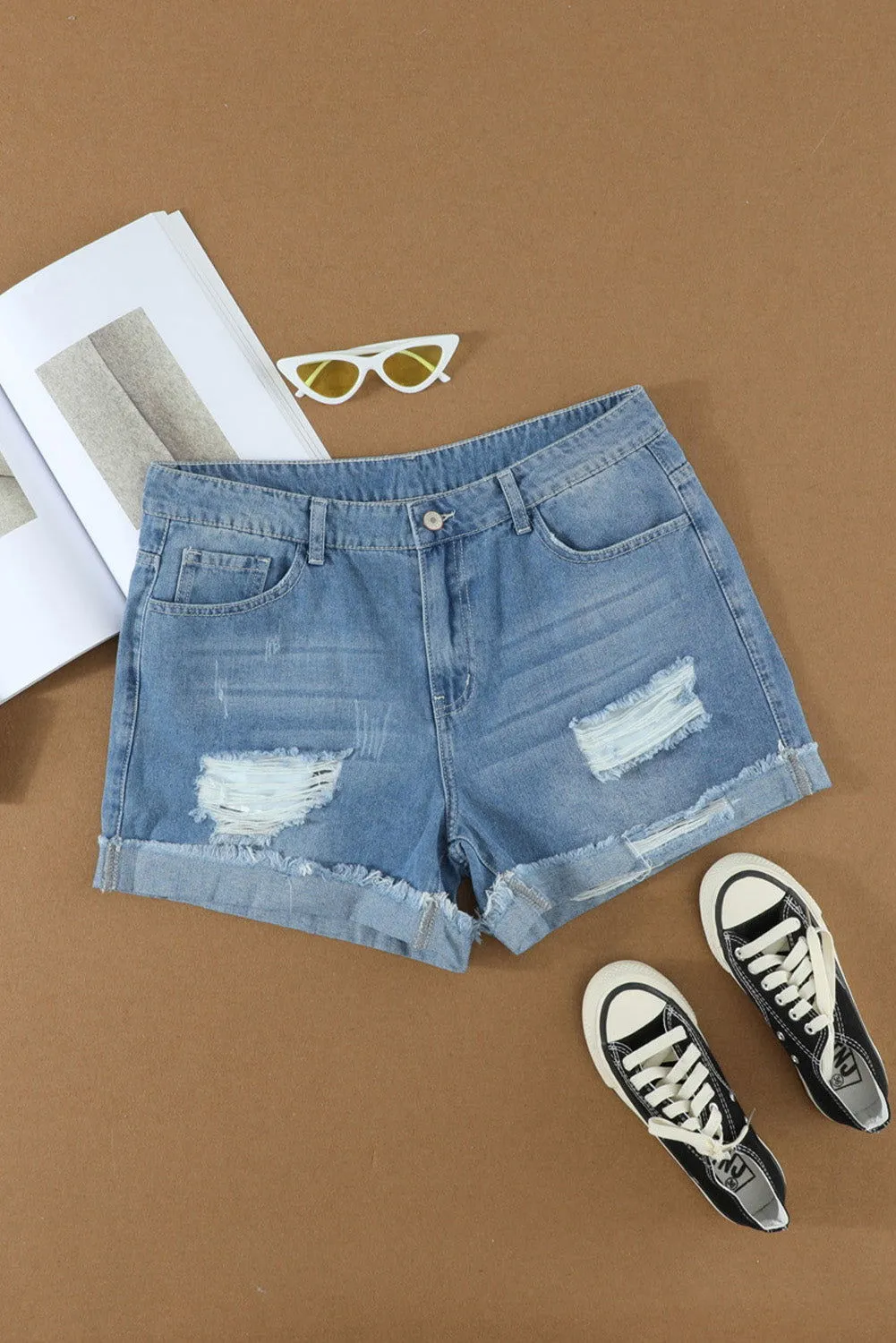 Dark Blue Casual Ripped Rolled Hem Denim Shorts