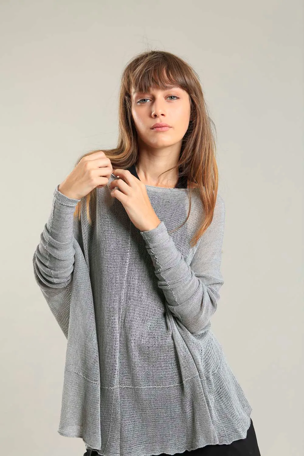 Fog Silver Grey boat neck Oversize knitted shirt with Long Sleeves