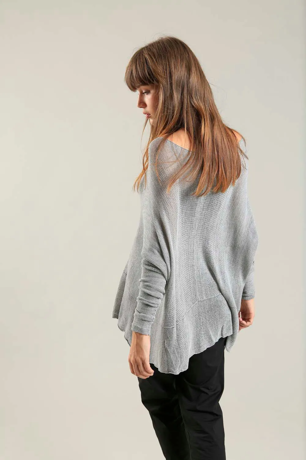 Fog Silver Grey boat neck Oversize knitted shirt with Long Sleeves