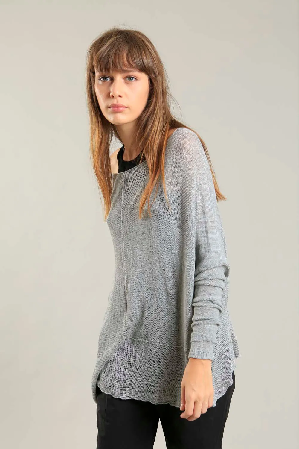 Fog Silver Grey boat neck Oversize knitted shirt with Long Sleeves