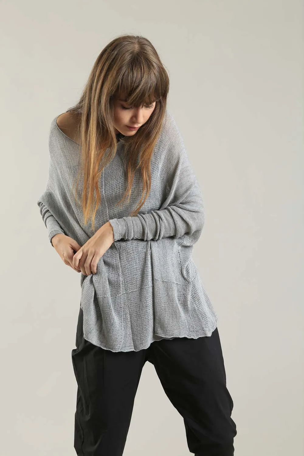 Fog Silver Grey boat neck Oversize knitted shirt with Long Sleeves