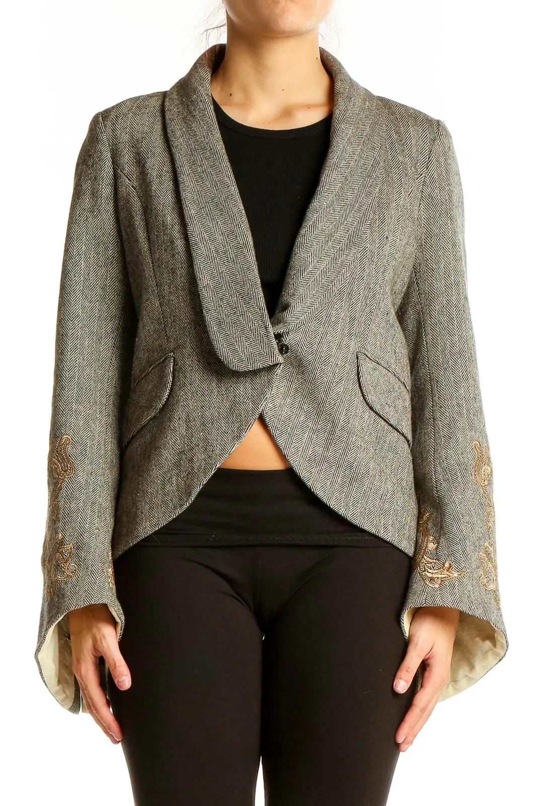 Gray Embroidered Wool Blend Blazer