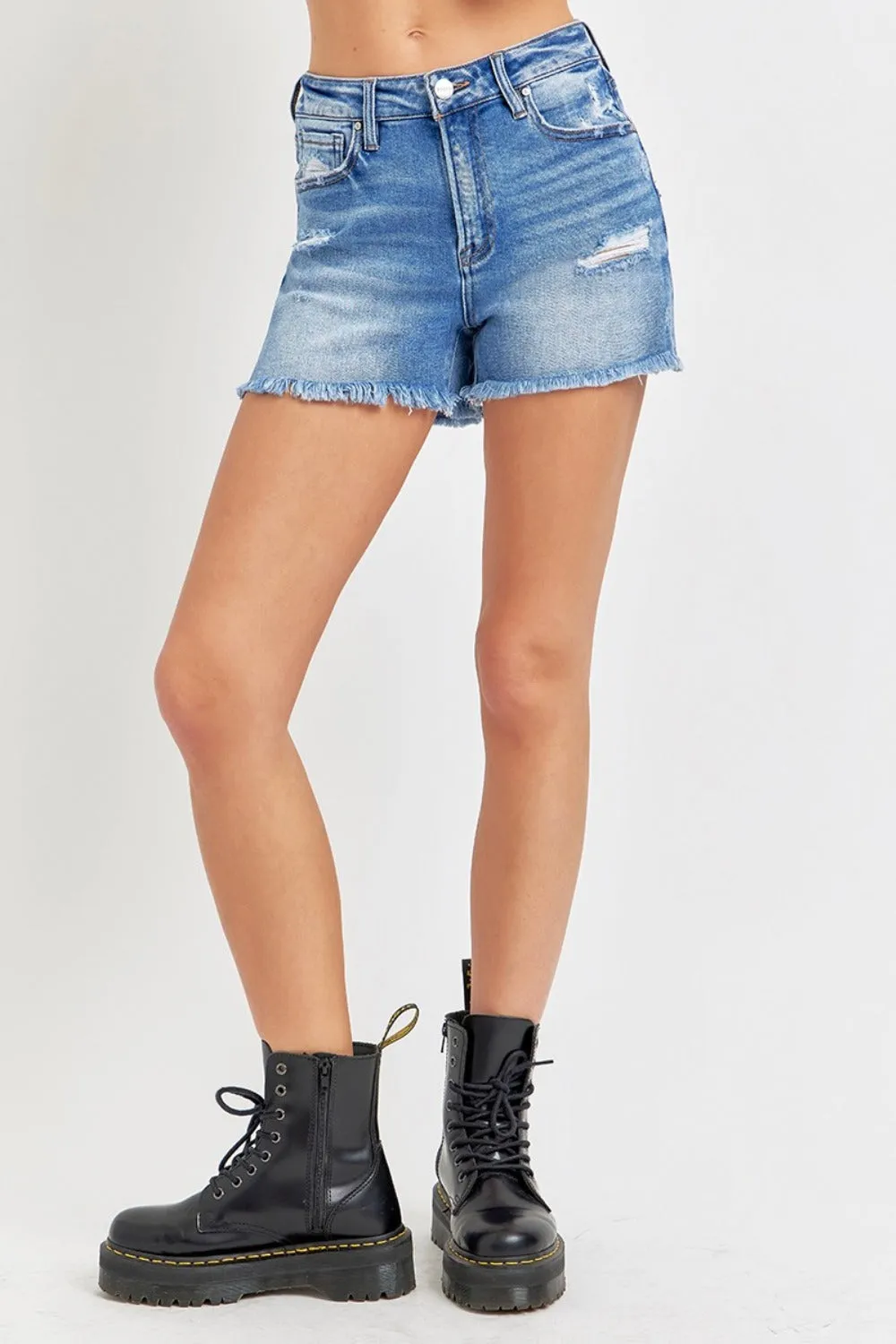 High Rise Distressed Raw Hem Denim Shorts