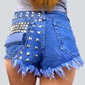 Metal embellished distressed denim shorts