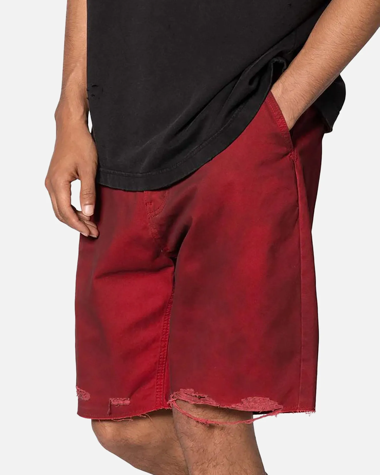 MNML Burnt Distressed Denim Shorts Red