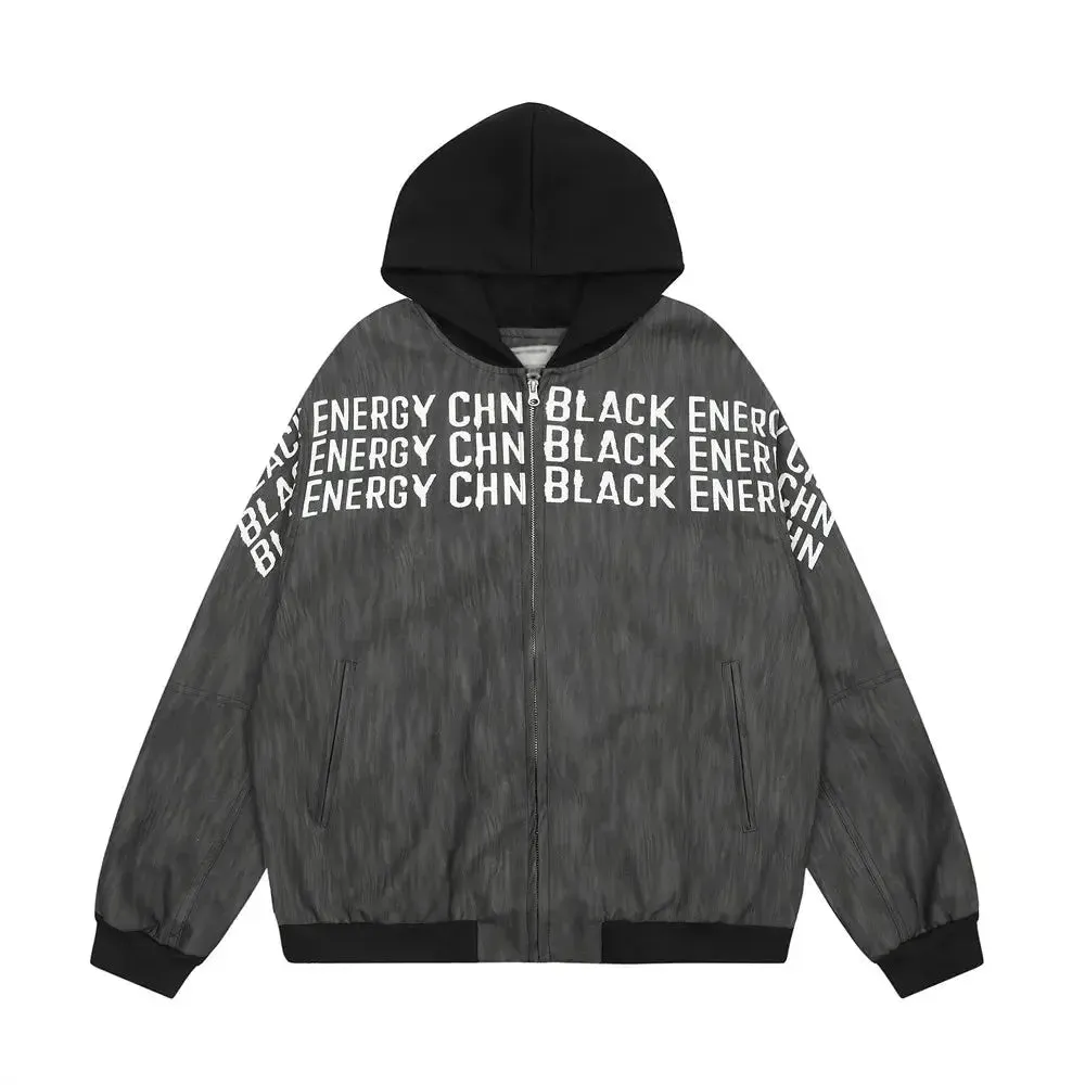 Oversized Gothic Letter Printed Hooded Jacket