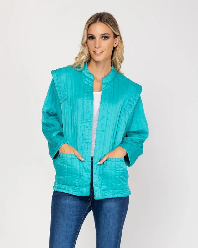 Oversized Long Sleeve Open Jacket With Front Pocket Turquoise