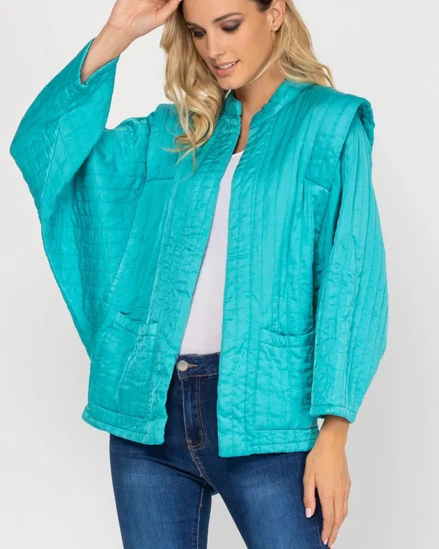 Oversized Long Sleeve Open Jacket With Front Pocket Turquoise