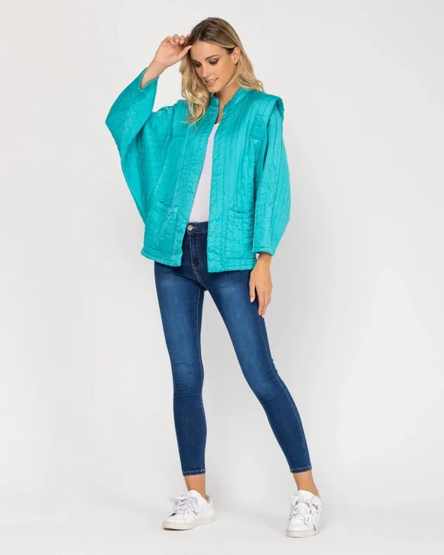 Oversized Long Sleeve Open Jacket With Front Pocket Turquoise