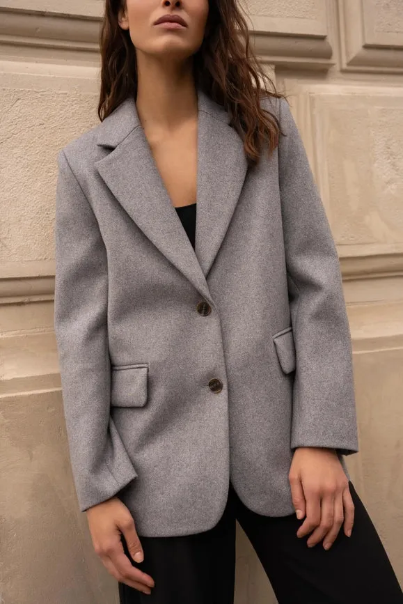 Oversized Wool Jacket with Double Breasted Detail Grey